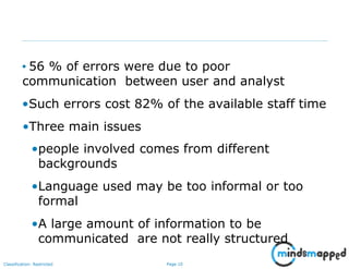 Page 10Classification: Restricted
• 56 % of errors were due to poor
communication between user and analyst
•Such errors cost 82% of the available staff time
•Three main issues
•people involved comes from different
backgrounds
•Language used may be too informal or too
formal
•A large amount of information to be
communicated are not really structured
 
