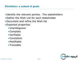 Page 7Classification: Restricted
Elicitation: a subset of goals
•Identify the relevant parties . The stakeholders
•Gather the Wish List for each stakeholder
•Document and refine the Wish list
•Expected properties
•Unambiguous
•Complete
•Verifiable
•Consistent
•Modifiable
•Traceable
 