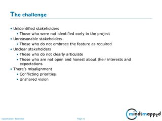 Page 15Classification: Restricted
The challenge
• Unidentified stakeholders
• Those who were not identified early in the project
• Unreasonable stakeholders
• Those who do not embrace the feature as required
• Unclear stakeholders
• Those who do not clearly articulate
• Those who are not open and honest about their interests and
expectations
• There’s misalignment
• Conflicting priorities
• Unshared vision
 