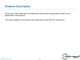 Page 2Classification: Restricted
Problem Description
So far one of the most vital but problematic areas within organizations seem to be
stakeholder management.
This action applies to all levels of the organization with different abstraction.
 