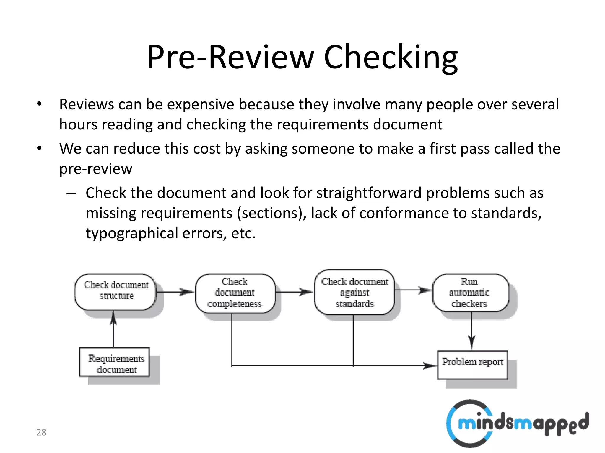 28
Pre-Review Checking
• Reviews can be expensive because they involve many people over several
hours reading and checking the requirements document
• We can reduce this cost by asking someone to make a first pass called the
pre-review
– Check the document and look for straightforward problems such as
missing requirements (sections), lack of conformance to standards,
typographical errors, etc.
 