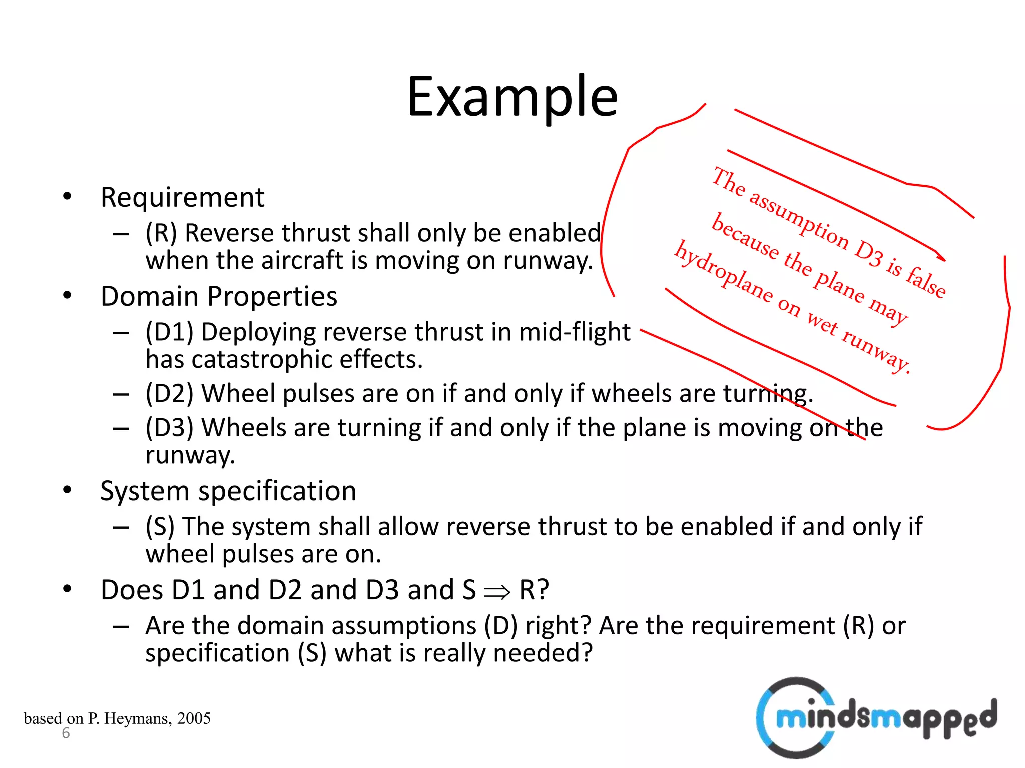 6
Example
• Requirement
– (R) Reverse thrust shall only be enabled
when the aircraft is moving on runway.
• Domain Properties
– (D1) Deploying reverse thrust in mid-flight
has catastrophic effects.
– (D2) Wheel pulses are on if and only if wheels are turning.
– (D3) Wheels are turning if and only if the plane is moving on the
runway.
• System specification
– (S) The system shall allow reverse thrust to be enabled if and only if
wheel pulses are on.
• Does D1 and D2 and D3 and S  R?
– Are the domain assumptions (D) right? Are the requirement (R) or
specification (S) what is really needed?
based on P. Heymans, 2005
 