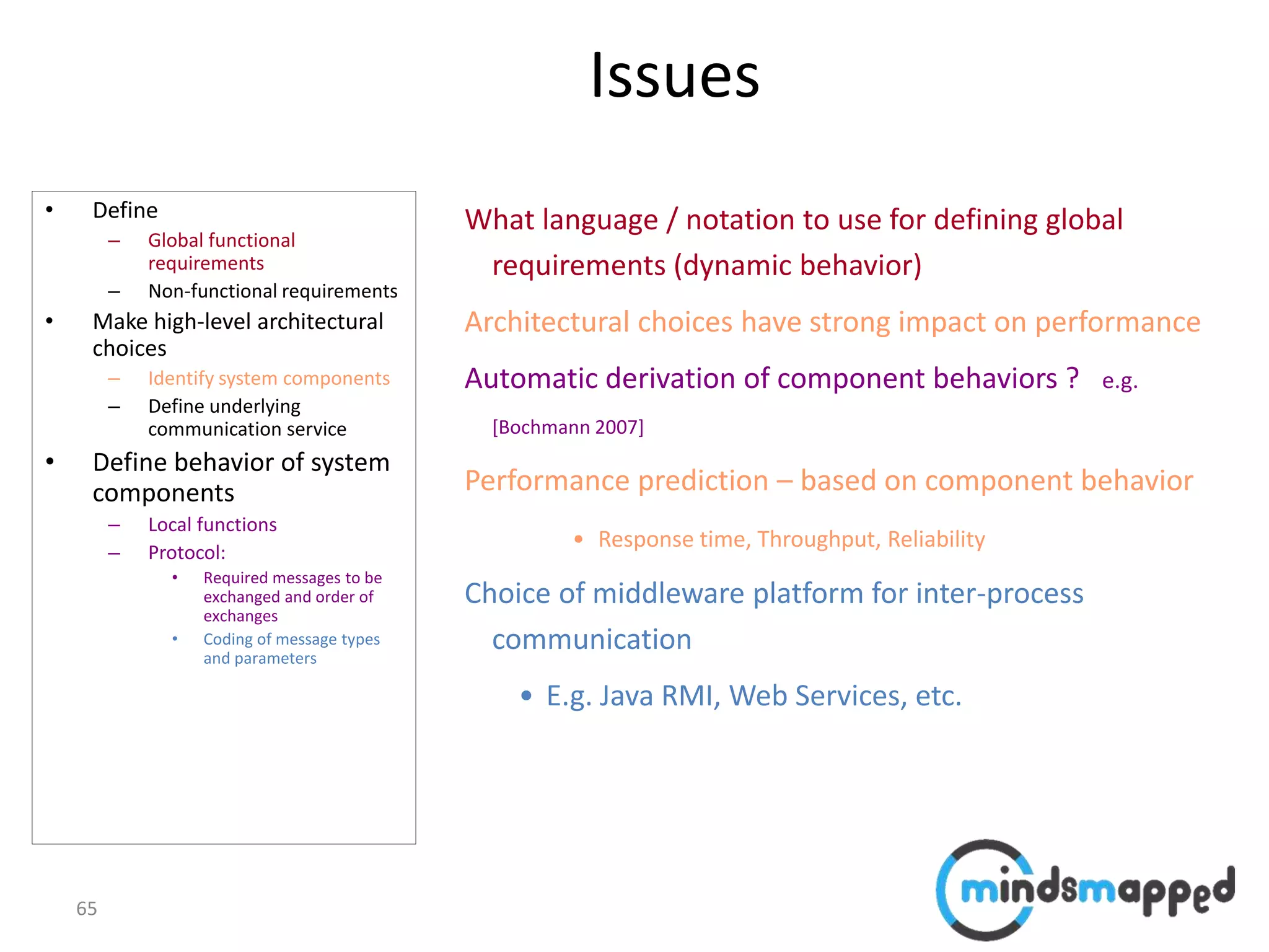 65
Issues
• Define
– Global functional
requirements
– Non-functional requirements
• Make high-level architectural
choices
– Identify system components
– Define underlying
communication service
• Define behavior of system
components
– Local functions
– Protocol:
• Required messages to be
exchanged and order of
exchanges
• Coding of message types
and parameters
What language / notation to use for defining global
requirements (dynamic behavior)
Architectural choices have strong impact on performance
Automatic derivation of component behaviors ? e.g.
[Bochmann 2007]
Performance prediction – based on component behavior
• Response time, Throughput, Reliability
Choice of middleware platform for inter-process
communication
• E.g. Java RMI, Web Services, etc.
 