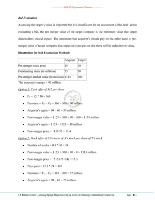 ………………..ABA 207 Organization Theories………………..
S O William: Lecturer - Jaramogi Oginga Odinga University of Science & Technology: williamkasati@gmail.com Page - 81 -
Bid Evaluation
Assessing the target‘s value is important but it is insufficient for an assessment of the deal. When
evaluating a bid, the pre-merger value of the target company is the minimum value that target
shareholders should expect. The maximum that acquirer‘s should pay on the other hand is pre-
merger value of target company plus expected synergies or else there will be reduction in value.
Illustration for Bid Evaluation Method:
Acquirer Target
Pre-merger stock price 15 10
Outstanding share (in millions) 75 30
Pre-merger market value (in millions) 1125 300
The expected synergy = 90 million
Option 1: Cash offer of $12 per share
 PT = 12 * 30 = 360
 Premium = PT – VT = 360 – 300 = 60 million
 Acquirer‘s again = 90 – 60 = 30 million
 Post-merger value = 1125 + 300 + 90 – 360 = 1155 million
 Acquirer‘s again = 1155 – 1125 = 30 million
 Post-merger price = 1155/75 = 15.4
Option 2: Stock offer of 0.8 shares of A’s stock per share of T’s stock
 Number of stocks = 0.8 * 30 = 24
 Post-merger value = 1125 + 300 + 90 – 0 = 1515 million
 Post-merger price = 1515/(75+24) = 15.3
 Price paid = 15.3 * 24 = 367
 Premium = PT – VT = 367 – 300 = 67 million
 Acquirer‘s again = 90 – 67 = 23 million
 
