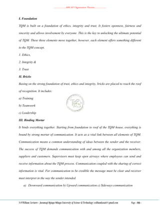 ………………..ABA 207 Organization Theories………………..
S O William: Lecturer - Jaramogi Oginga Odinga University of Science & Technology: williamkasati@gmail.com Page - 93 -
I. Foundation
TQM is built on a foundation of ethics, integrity and trust. It fosters openness, fairness and
sincerity and allows involvement by everyone. This is the key to unlocking the ultimate potential
of TQM. These three elements move together, however, each element offers something different
to the TQM concept.
1. Ethics,
2. Integrity &
3. Trust
II. Bricks
Basing on the strong foundation of trust, ethics and integrity, bricks are placed to reach the roof
of recognition. It includes:
a) Training
b) Teamwork
c) Leadership
III. Binding Mortar
It binds everything together. Starting from foundation to roof of the TQM house, everything is
bound by strong mortar of communication. It acts as a vital link between all elements of TQM.
Communication means a common understanding of ideas between the sender and the receiver.
The success of TQM demands communication with and among all the organization members,
suppliers and customers. Supervisors must keep open airways where employees can send and
receive information about the TQM process. Communication coupled with the sharing of correct
information is vital. For communication to be credible the message must be clear and receiver
must interpret in the way the sender intended.
a) Downward communication b) Upward communication c) Sideways communication
 