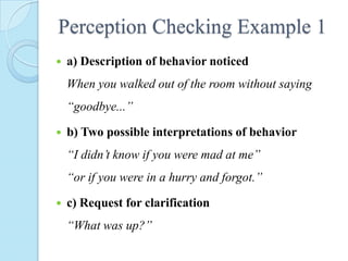 Perception Checking Example 1


a) Description of behavior noticed
When you walked out of the room without saying
“goodbye...”



b) Two possible interpretations of behavior

“I didn’t know if you were mad at me”
“or if you were in a hurry and forgot.”


c) Request for clarification
“What was up?”

 