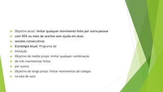  Objetivo atual: Imitar qualquer movimento feito por outra pessoa
 com 90% ou mais de acertos sem ajuda em duas
 sessões consecutivas
 Estratégia Atual: Programa de
 Imitação
 Objetivo de médio prazo: Imitar qualquer combinação
 de três movimentos feitos
 por outros
 Objetivo de longo prazo: Imitar movimentos de colegas
 na sala de aula
 