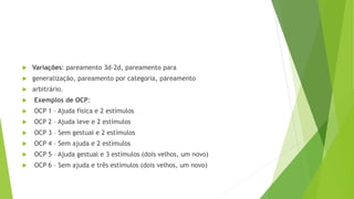  Variações: pareamento 3d-2d, pareamento para
 generalização, pareamento por categoria, pareamento
 arbitrário.
 Exemplos de OCP:
 OCP 1 – Ajuda física e 2 estímulos
 OCP 2 – Ajuda leve e 2 estímulos
 OCP 3 – Sem gestual e 2 estímulos
 OCP 4 – Sem ajuda e 2 estímulos
 OCP 5 – Ajuda gestual e 3 estímulos (dois velhos, um novo)
 OCP 6 – Sem ajuda e três estímulos (dois velhos, um novo)
 
