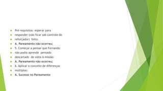  Pré-requisitos: esperar para
 responder (não ficar sob controle do
 reforçador) feito:
 A. Pareamento não ocorreu;
 5. Começar a pensar que Fernando
 não podia aprende pensado
 descartado de volta à missão:
 A. Pareamento não ocorreu;
 6. Aplicar o conceito de diferenças
 múltiplas:
 A. Sucesso no Pareamento
 
