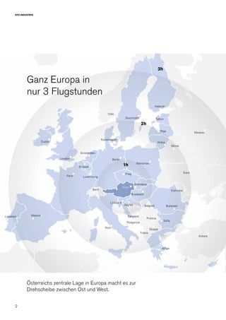 2
KFZ-INDUSTRIE
Berlin
Warschau
Wien
Ljubljana
Rom
Paris
Oslo
Stockholm
Ankara
Kiew
Kishinew
Riga Moskau
Prag
London
Dublin
Kopenhagen
Brüssel
Luxemburg
Budapest
Zagreb
Tallinn
Amsterdam
Lissabon Madrid
Athen
Bern
Bukarest
Bratislava
Minsk
Wilna
Helsinki
1h
2h
3h
Sarajevo
Sofia
Tirana
Skopje
Belgrad
Pristina
Podgorica
Ganz Europa in
nur 3 Flugstunden
Österreichs zentrale Lage in Europa macht es zur
Drehscheibe zwischen Ost und West.
 