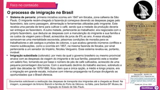 2025_EM_V1
O processo de imigração no Brasil
Foco no conteúdo
• Sistema de parceria: primeira iniciativa ocorreu em 1847 em Ibicaba, zona cafeeira de São
Paulo. O imigrante recém-chegado à fazenda já começava devendo as despesas pagas pelo
fazendeiro, tais como passagem, alimentação e ferramentas utilizadas pelo imigrante. Este
recebia uma parcela de terra para cultivar o café, sendo que a metade da produção deveria
ser entregue ao fazendeiro. A outra metade, pertencente ao trabalhador, era negociada com o
próprio fazendeiro, que deduzia as despesas com a manutenção do imigrante e sua família e
os custos da viagem para o Brasil, acrescidos de juros de 6% ao ano. A essa situação
somavam-se uma mentalidade escravista, péssimas condições de moradia para os
trabalhadores e até castigos e prisões de colonos, o que acabou gerando inúmeros conflitos e
mesmo sublevações, como a ocorrida em 1857, na mesma fazenda de Ibicaba, por sinal
pertencente a um senador do Império, Nicolau Vergueiro. Esse sistema revelou-se, portanto,
inviável.
• Imigração subsidiada (colonato): por meio da qual o governo brasileiro ou mesmo provincial
arcava com as despesas da viagem do imigrante e de sua família, passando este a receber
um salário fixo, tomando-se por base o número de pés de café cultivados, acrescido de uma
pequena porcentagem dos lucros. Com o acentuado declínio do trabalho escravo, sobretudo a
partir das décadas de 1870/1880, ficou claro que a única opção, a médio e longo prazos, era
a imigração em grande escala, inclusive com intensa propaganda na Europa divulgando as
oportunidades que o Brasil oferecia.
Documentos solicitavam a restituição das despesas de transporte dos imigrantes até a chegada ao Brasil. Na
imagem, a passagem de Antonio Bianchi e família do Porto de Gênova, na Itália, para Santos-SP. Museu da
Imigração do Estado de São Paulo.
Reprodução – MUSEU DA
IMIGRAÇÃO, [s.d.]. Disponível em:
https://acervodigital.museudaimigraca
o.org.br/upload/requerimentos/BR_SP
_APESP_SACOP_REQ_C07576_002
47.pdf
. Acesso em: 22 nov. 2024.
Produzido
pela
SEDUC-SP
©
Canva.
 