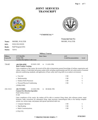 Page of1
07/02/2015
** PROTECTED BY FERPA **
7
MOORE, WALTER
XXX-XX-XXXX
Staff Sergeant (E6)
MOORE, WALTER
Transcript Sent To:
Name:
SSN:
Rank:
JOINT SERVICES
TRANSCRIPT
**UNOFFICIAL**
Military Courses
ActiveStatus:
Military
Course ID
ACE Identifier
Course Title
Location-Description-Credit Areas
Dates Taken ACE
Credit Recommendation Level
Basic Combat Training:
Upon completion of the course, the recruit will be able to demonstrate general knowledge of military organization and
culture, mastery of individual and group combat skills including marksmanship and first aid, achievement of minimal
physical conditioning standards, and application of basic safety and living skills in an outdoor environment.
AR-2201-0399750-BT 03-NOV-1995 11-JAN-1996
First Aid
Marksmanship
Outdoor Skills Practicum
Personal Physical Conditioning
L
L
L
L
1 SH
1 SH
1 SH
1 SH
Cannon Fire Direction Specialist:
AR-1715-0844 22-JAN-1996 08-MAR-1996
Upon completion of the course, the student will be able to construct firing charts, plot reference points, target
locations, make corrections for subsequent firing, input necessary meteorological data to the backup computer
system, use various maps, and prepare and operate specialized radio sets.
250-13E10
Field Artillery School
Ft Sill
Computer Operation
Map Reading
Radio Communications
1 SH
1 SH
1 SH
L
L
V
(10/00)(10/00)
(1/92)(1/92)
to
to
 