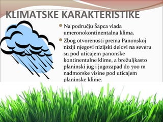 KLIMATSKE KARAKTERISTIKE 
Na području Šapca vlada 
umeronokontinentalna klima. 
Zbog otvorenosti prema Panonskoj 
niziji njegovi nizijski delovi na severu 
su pod uticajem panonske 
kontinentalne klime, a brežuljkasto 
planinski jug i jugozapad do 700 m 
nadmorske visine pod uticajem 
planinske klime. 
 