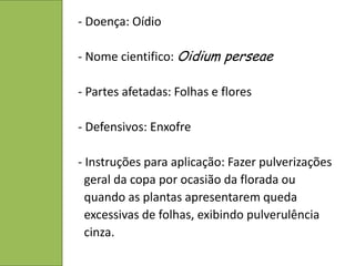 - Doença: Oídio

- Nome cientifico: Oidium perseae

- Partes afetadas: Folhas e flores

- Defensivos: Enxofre

- Instruções para aplicação: Fazer pulverizações
  geral da copa por ocasião da florada ou
  quando as plantas apresentarem queda
  excessivas de folhas, exibindo pulverulência
  cinza.
 