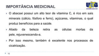 IMPORTÂNCIA MEDICINAL
    O abacaxi possui um alto teor de vitamina C, é rico em sais
     minerais (cálcio, fósforo e ferro), açúcares, vitaminas, o qual
     produz benefícios para a saúde.
    Aliado   da     beleza    retira   as   células   mortas    da
     pele, rejuvenescendo-a.
    Por isso mesmo, também é excelente nos processos de
     cicatrização.

    16
 