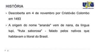 HISTÓRIA
       Descoberta em 4 de novembro por Cristóvão Colombo
        em 1493

       A origem do nome "ananás" vem de nana, da língua
        tupi, "fruta saborosa" - falado pelos nativos que
        habitavam o litoral do Brasil.



    5
 