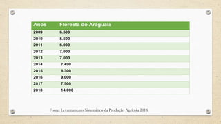 Anos Floresta do Araguaia
2009 6.500
2010 5.500
2011 6.000
2012 7.000
2013 7.000
2014 7.490
2015 8.300
2016 9.000
2017 7.500
2018 14.000
Fonte: Levantamento Sistemático da Produção Agrícola 2018
 