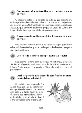 120
293	
Que métodos culturais são utilizados no controle da broca-
do-fruto?
O primeiro método é a rotação de cultura, que consiste em
realizar plantios alternados com plantas que não sejam hospedeiras
das mesmas pragas. Outro método é a eliminação das inflorescências
atacadas, que pode ser usado em pequenas áreas de cultivo, no
intuito de diminuir o potencial de infestação na área.
294	
Em que consiste o método mecânico de controle da broca-
do-fruto?
Esse método consiste no uso de sacos de papel parafinado
sobre as inflorescências, para impedir que as borboletas coloquem
seus ovos nas flores.
295	 Como é feito o controle biológico da broca-do-fruto?
Esse controle é feito com inseticidas microbianos, à base de
Bacillus thuringiensis. Aplica-se cerca de 30 mL da solução por
inflorescência, o que corresponde a 600 g do produto comercial
por hectare.
296	
Qual é o período mais adequado para fazer o monitora­
mento da broca-do-fruto?
O período mais adequado é a
época de surgimento da inflorescên-
cia: aproximadamente a partir de 40
dias após a indução floral, até o fe-
chamento das últimas flores, por vol-
ta de 80 dias após a indução. Essa é
a melhor época para avaliar a efici-
 