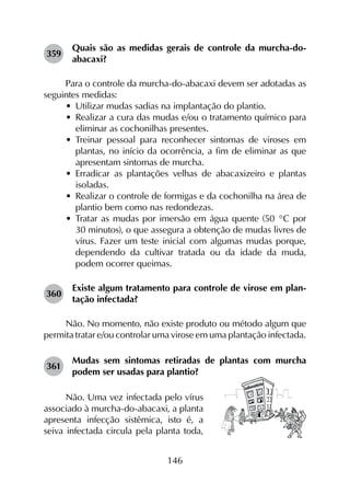 146
359	
Quais são as medidas gerais de controle da murcha-do-
abacaxi?
Para o controle da murcha-do-abacaxi devem ser adotadas as
seguintes medidas:
•	 Utilizar mudas sadias na implantação do plantio.
•	 Realizar a cura das mudas e/ou o tratamento químico para
eliminar as cochonilhas presentes.
•	 Treinar pessoal para reconhecer sintomas de viroses em
plantas, no início da ocorrência, a fim de eliminar as que
apresentam sintomas de murcha.
•	 Erradicar as plantações velhas de abacaxizeiro e plantas
isoladas.
•	 Realizar o controle de formigas e da cochonilha na área de
plantio bem como nas redondezas.
•	 Tratar as mudas por imersão em água quente (50 °C por
30 minutos), o que assegura a obtenção de mudas livres de
vírus. Fazer um teste inicial com algumas mudas porque,
dependendo da cultivar tratada ou da idade da muda,
podem ocorrer queimas.
360	
Existe algum tratamento para controle de virose em plan­
tação infectada?
Não. No momento, não existe produto ou método algum que
permita tratar e/ou controlar uma virose em uma plantação infectada.
361	
Mudas sem sintomas retiradas de plantas com murcha
podem ser usadas para plantio?
Não. Uma vez infectada pelo vírus
associado à murcha-do-abacaxi, a planta
apresenta infecção sistêmica, isto é, a
seiva infectada circula pela planta toda,
 