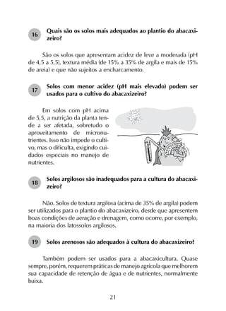 21
16	
Quais são os solos mais adequados ao plantio do abacaxi­
zeiro?
São os solos que apresentam acidez de leve a moderada (pH
de 4,5 a 5,5), textura média (de 15% a 35% de argila e mais de 15%
de areia) e que não sujeitos a encharcamento.
17	
Solos com menor acidez (pH mais elevado) podem ser
usados para o cultivo do abacaxizeiro?
Em solos com pH acima
de 5,5, a nutrição da planta ten-
de a ser afetada, sobretudo o
aproveitamento de micronu-
trientes. Isso não impede o culti-
vo, mas o dificulta, exigindo cui-
dados especiais no manejo de
nutrientes.
18	
Solos argilosos são inadequados para a cultura do abacaxi­
zeiro?
Não. Solos de textura argilosa (acima de 35% de argila) podem
ser utilizados para o plantio do abacaxizeiro, desde que apresentem
boas condições de aeração e drenagem, como ocorre, por exemplo,
na maioria dos latossolos argilosos.
19	 Solos arenosos são adequados à cultura do abacaxizeiro?
Também podem ser usados para a abacaxicultura. Quase
sempre, porém, requerem práticas de manejo agrícola que melhorem
sua capacidade de retenção de água e de nutrientes, normalmente
baixa.
 