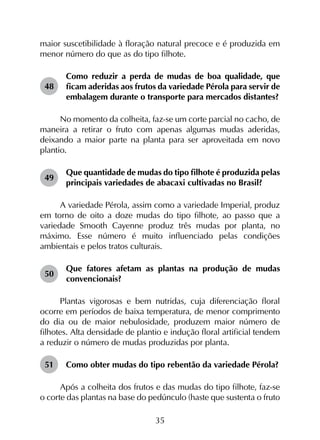 35
maior suscetibilidade à floração natural precoce e é produzida em
menor número do que as do tipo filhote.
48	
Como reduzir a perda de mudas de boa qualidade, que
ficam aderidas aos frutos da variedade Pérola para servir de
embalagem durante o transporte para mercados distantes?
No momento da colheita, faz-se um corte parcial no cacho, de
maneira a retirar o fruto com apenas algumas mudas aderidas,
deixando a maior parte na planta para ser aproveitada em novo
plantio.
49	
Que quantidade de mudas do tipo filhote é produzida pelas
principais variedades de abacaxi cultivadas no Brasil?
A variedade Pérola, assim como a variedade Imperial, produz
em torno de oito a doze mudas do tipo filhote, ao passo que a
variedade Smooth Cayenne produz três mudas por planta, no
máximo. Esse número é muito influenciado pelas condições
ambientais e pelos tratos culturais.
50	
Que fatores afetam as plantas na produção de mudas
convencionais?
Plantas vigorosas e bem nutridas, cuja diferenciação floral
ocorre em períodos de baixa temperatura, de menor comprimento
do dia ou de maior nebulosidade, produzem maior número de
filhotes. Alta densidade de plantio e indução floral artificial tendem
a reduzir o número de mudas produzidas por planta.
51	 Como obter mudas do tipo rebentão da variedade Pérola?
Após a colheita dos frutos e das mudas do tipo filhote, faz-se
o corte das plantas na base do pedúnculo (haste que sustenta o fruto
 