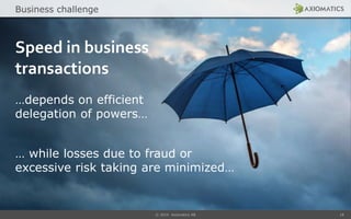 © 2014 Axiomatics AB 18
Speed in business
transactions
…depends on efficient
delegation of powers…
… while losses due to fraud or
excessive risk taking are minimized…
Business challenge
 