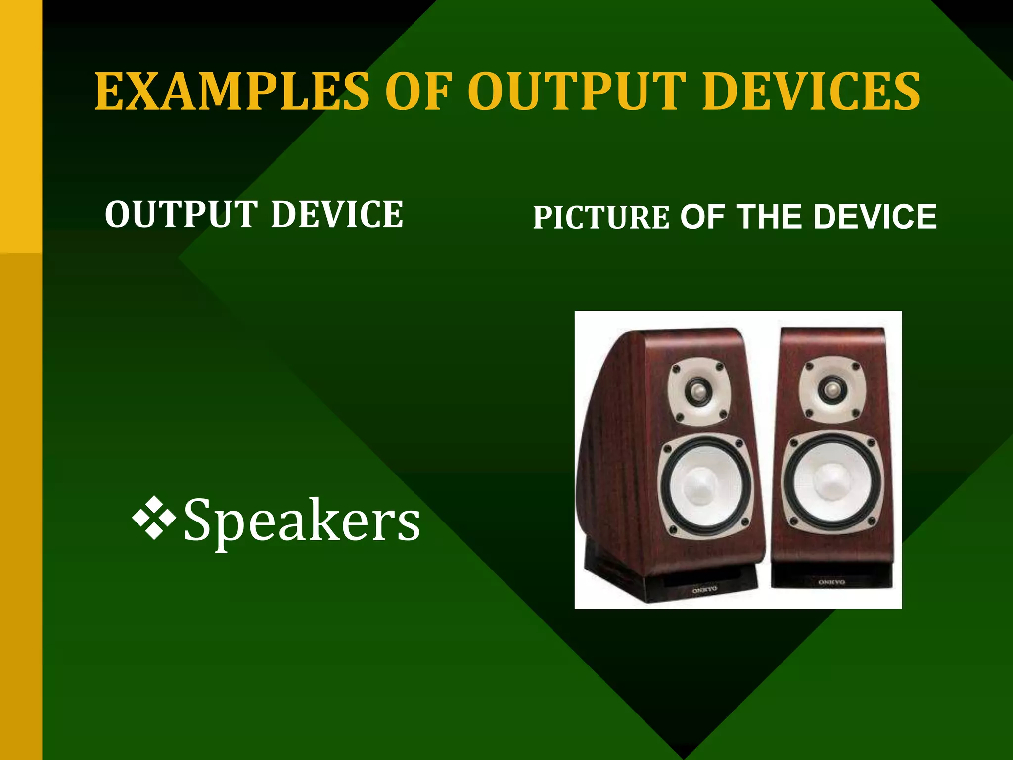 EXAMPLES OF OUTPUT DEVICES
OUTPUT DEVICE PICTURE OF THE DEVICE
Speakers
 