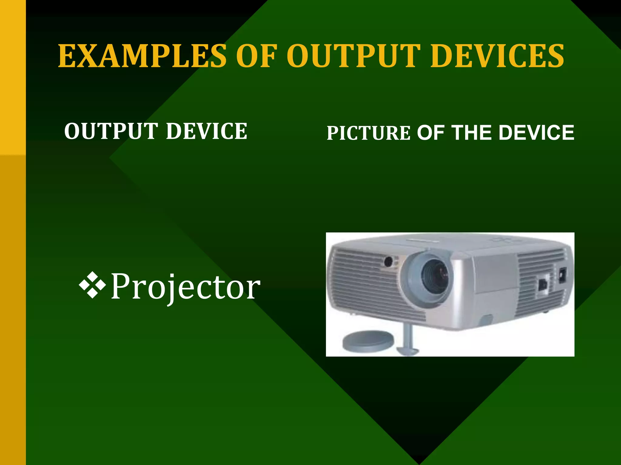 EXAMPLES OF OUTPUT DEVICES
OUTPUT DEVICE PICTURE OF THE DEVICE
Projector
 