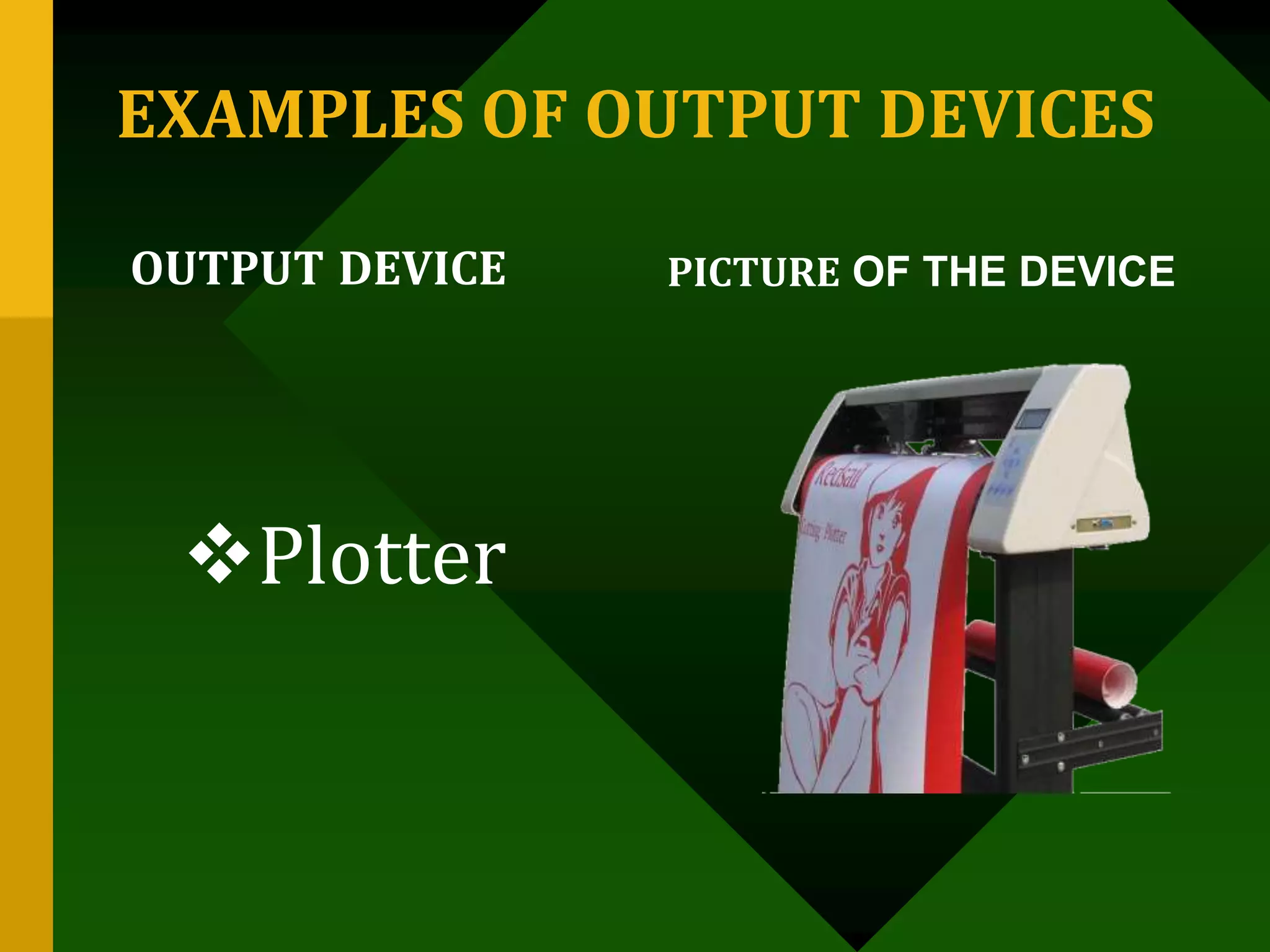 EXAMPLES OF OUTPUT DEVICES
OUTPUT DEVICE PICTURE OF THE DEVICE
Plotter
 