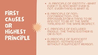 FIRST
CAUSES
OR
HIGHEST
PRINCIPLE
A. PRINCIPLE OF IDENTITY –WHAT
EVER IT IS; AND WHAT EVER IS
NOT. EVERYTHING IS WHAT IS.
B. PRINCIPLE OF NON-
CONTRADICTION- ITIS
IMPOSSIBLEFOR A THING TO BE
AND NOT TO BE AT THE SAME
TIME,AND AT THE SAME RESPECT.
C. PRINCIPLE OF EXCLUDED
MIDDLE- THE THING IS EITHER IS
OR IS NOT.
D. PRINCIPLE OF SUFFICIENT
REASON- NOTHING EXIST
WITHOUT A SUFFICIENT REASON.
 