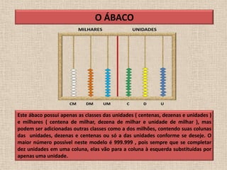 O ÁBACO




Este ábaco possui apenas as classes das unidades ( centenas, dezenas e unidades )
e milhares ( centena de milhar, dezena de milhar e unidade de milhar ), mas
podem ser adicionadas outras classes como a dos milhões, contendo suas colunas
das unidades, dezenas e centenas ou só a das unidades conforme se deseje. O
maior número possível neste modelo é 999.999 , pois sempre que se completar
dez unidades em uma coluna, elas vão para a coluna à esquerda substituídas por
apenas uma unidade.
 