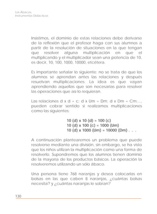 Los Ábacos,
Instrumentos Didácticos
130
Insistimos, el dominio de estas relaciones debe derivarse
de la reflexión que el profesor haga con sus alumnos a
partir de la resolución de situaciones en la que tengan
que resolver alguna multiplicación en que el
multiplicando y el multiplicador sean una potencia de 10,
es decir, 10, 100, 1000, 10000, etcétera.
Es importante señalar lo siguiente: no se trata de que los
alumnos se aprendan antes las relaciones y después
resuelvan multiplicaciones. La idea es que vayan
aprendiendo aquellas que son necesarias para resolver
las operaciones que así lo requieran.
Las relaciones d x d = c; d x Um = Dm; d x Dm = Cm;...,
pueden cobrar sentido si realizamos multiplicaciones
como las siguientes:
10 (d) x 10 (d) = 100 (c)
10 (d) x 100 (c) = 1000 (Um)
10 (d) x 1000 (Um) = 10000 (Dm) . . .
A continuación plantearemos un problema que puede
resolverse mediante una división, sin embargo, se ha visto
que los niños utilizan la multiplicación como una forma de
resolverlo. Supondremos que los alumnos tienen dominio
de la mayoría de los productos básicos. La operación la
resolveremos utilizando un sólo ábaco.
Una persona tiene 768 naranjas y desea colocarlas en
bolsas en las que caben 8 naranjas, ¿cuántas bolsas
necesita? y ¿cuántas naranjas le sobran?
 