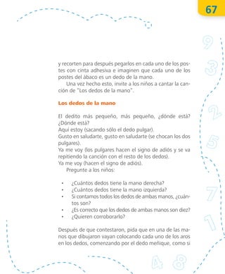 67
y recorten para después pegarlos en cada uno de los pos-
tes con cinta adhesiva e imaginen que cada uno de los
postes del ábaco es un dedo de la mano.
Una vez hecho esto, invite a los niños a cantar la can-
ción de “Los dedos de la mano”.
Los dedos de la mano
El dedito más pequeño, más pequeño, ¿dónde está?
¿Dónde está?
Aquí estoy (sacando sólo el dedo pulgar).
Gusto en saludarte, gusto en saludarte (se chocan los dos
pulgares).
Ya me voy (los pulgares hacen el signo de adiós y se va
repitiendo la canción con el resto de los dedos).
Ya me voy (hacen el signo de adiós).
Pregunte a los niños:
•	 	 ¿Cuántos dedos tiene la mano derecha?
•	 	 ¿Cuántos dedos tiene la mano izquierda?
•	 	 Si contamos todos los dedos de ambas manos, ¿cuán­
tos son?
•	 	 ¿Es correcto que los dedos de ambas manos son diez?
•	 	 ¿Quieren corroborarlo?
Después de que contestaron, pida que en una de las ma-
nos que dibujaron vayan colocando cada uno de los aros
en los dedos, comenzando por el dedo meñique, como si
O
bra
protegida
porIN
D
AU
TO
R
R
egistro
público
03-2012-110813011500-01
03-2012-110813041000-01
"La
piratería
es
un
delito"
 