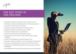 •	We establish complete clarity regarding the scope and scale of your brief.
•	We develop a comprehensive understanding of your overall business proposition.
•	We conduct an in-depth review of your customers.
•	We analyse the features and benefits of your products and services.
•	We deliver a technical and manual review of your competitors.
•	We specify the needs and wants of your stakeholders.
•	We examine your CRM systems and sales pipeline processes.
•	We ask for the views of your directors, managers, staff, associates, suppliers
and partners.
•	We identify the sales collateral and marketing materials you need.
•	We provide a comprehensive definition of your corporate strategic brand proposition.
•	We create your message proposition at company, customer and product levels.
•	We determine the most effective lead generation and brand awareness activities for
your business.
•	We set SMART goals, media budgets and timing plans for all your marketing activities.
THE KEY STEPS IN
THE PROCESS
 
