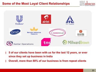 Some of the Most Loyal Client Relationships




 § 5 of our clients have been with us for the last 12 years, or ever
   since they set up business in India
 § Overall, more than 80% of our business is from repeat clients


                                                                       23
 