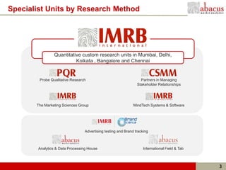 Specialist Units by Research Method




                Quantitative custom research units in Mumbai, Delhi,
                          Kolkata , Bangalore and Chennai


        Probe Qualitative Research                                Partners in Managing
                                                                Stakeholder Relationships




       The Marketing Sciences Group                           MindTech Systems & Software




                                 Advertising testing and Brand tracking



        Analytics & Data Processing House                           International Field & Tab



                                                                                                3
 