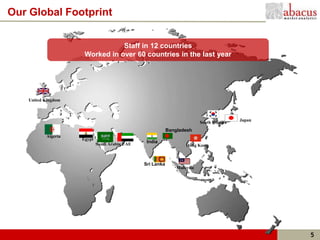 Our Global Footprint


                                 Staff in 12 countries
                      Worked in over 60 countries in the last year




    United Kingdom



                                                                                         Japan
                                                                           South Korea
                                                            Bangladesh
           Algeria
                     Egypt
                             Saudi Arabia UAE
                                                 India
                                                                    Hong Kong



                                                Sri Lanka
                                                                Malaysia




                                                                                                 5
 
