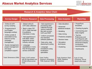 Abacus Market Analytics Services

                              Research & Analytics Value Chain


  Survey Design           Primary Research            Data Processing         Data Analytics               Reporting

• Online & CATI           • Global online &           • Vast experience in   • Data tabulation        • PowerPoint
  survey scripting          CATI data collection        processing data                                 templates
                                                                             • Advanced
                                                        collected through
• Programming &           • Best in class F2F,                                 statistical analysis   • Charting & graphs
                                                        various methods
  non-English               CLT’s, Mall intercept                                                     • Commenting and
                                                        like web surveys,    • Modeling
  language overlays         & qualitative                                                               Data insights
                                                        CATI and PAPI
                            interviews in India                              • Data mining
• Online portals &                                                                                    • Top line,
                                                      • Uniform processes
  automated survey        • Vast experience in                               • Predictive analytics     Preliminary and
                                                        and standard
  tools for survey          both B2B & B2C                                                              Final Reports with
                                                        software platforms   • Decision trees
  campaign                  segments across                                                             executive summary,
  management                industry verticals        • Data entry, data     • Simulation               advanced analysis,
                                                        cleansing & coding     techniques               conclusions,
• Quota management,       • Language
  project management        capabilities in more      • Language             • Clustering               recommendations
  and study                 than 65 languages           translations using                            • Dashboards
  completion support        across continents           localization
                                                        specialists


Tools: Dimensions (IOM)   Tools: 2 CATI centers       Tools: FoxPro,         Tools: Quantum, Espri,   Tools: E-Tabs
                           with 60 interviewers and    Quantum, Dimensions    SPSS, Statistica         Enterprise, VB.net
                           29 field offices across     TOM, Quanvert, SPSS    Dataminer                based online apps
                           India


                                                                                                                             9
 