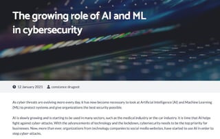 The growing role of AI anf ML in cybersecurity