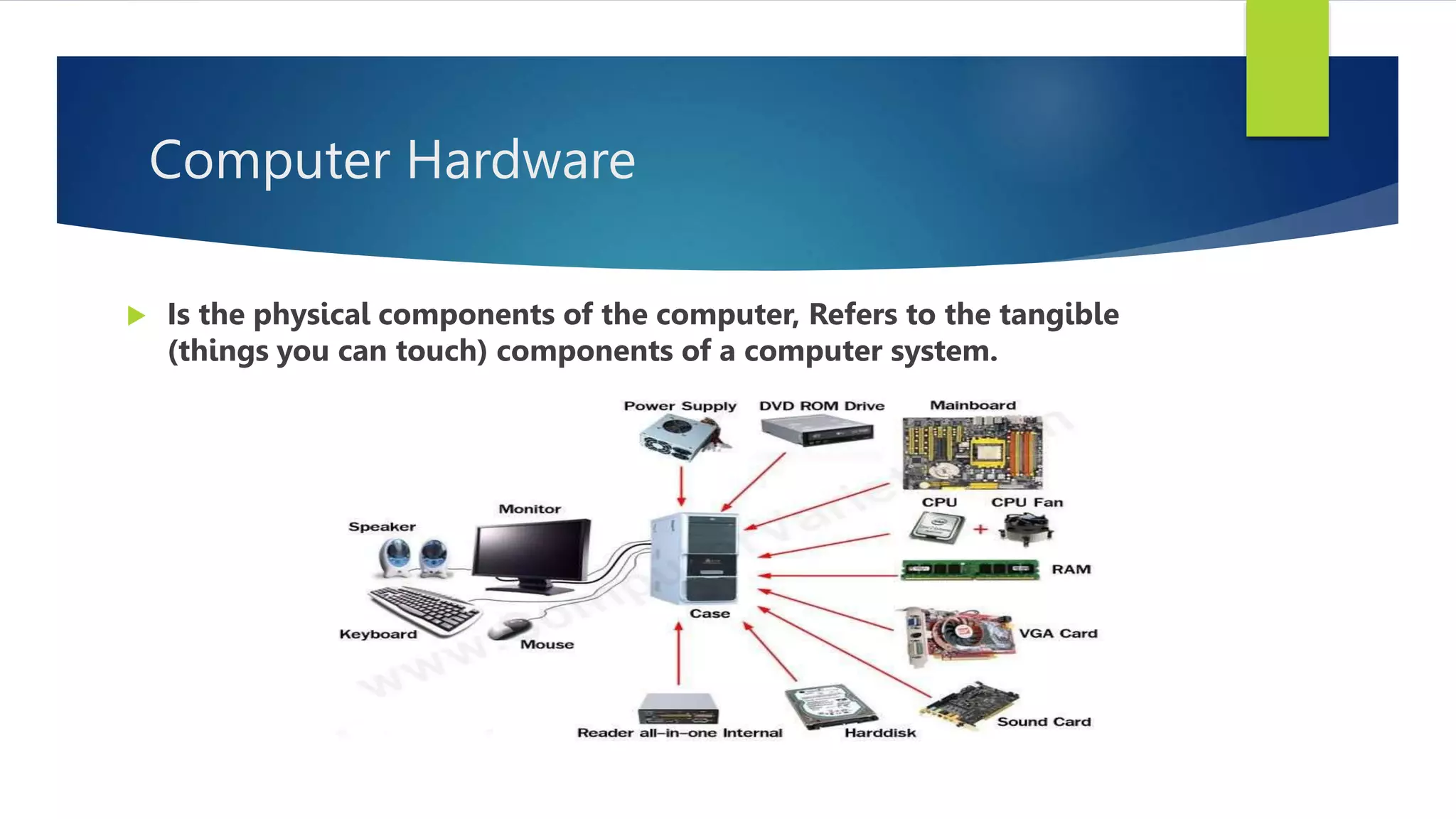 Computer Hardware
 Is the physical components of the computer, Refers to the tangible
(things you can touch) components of a computer system.
 