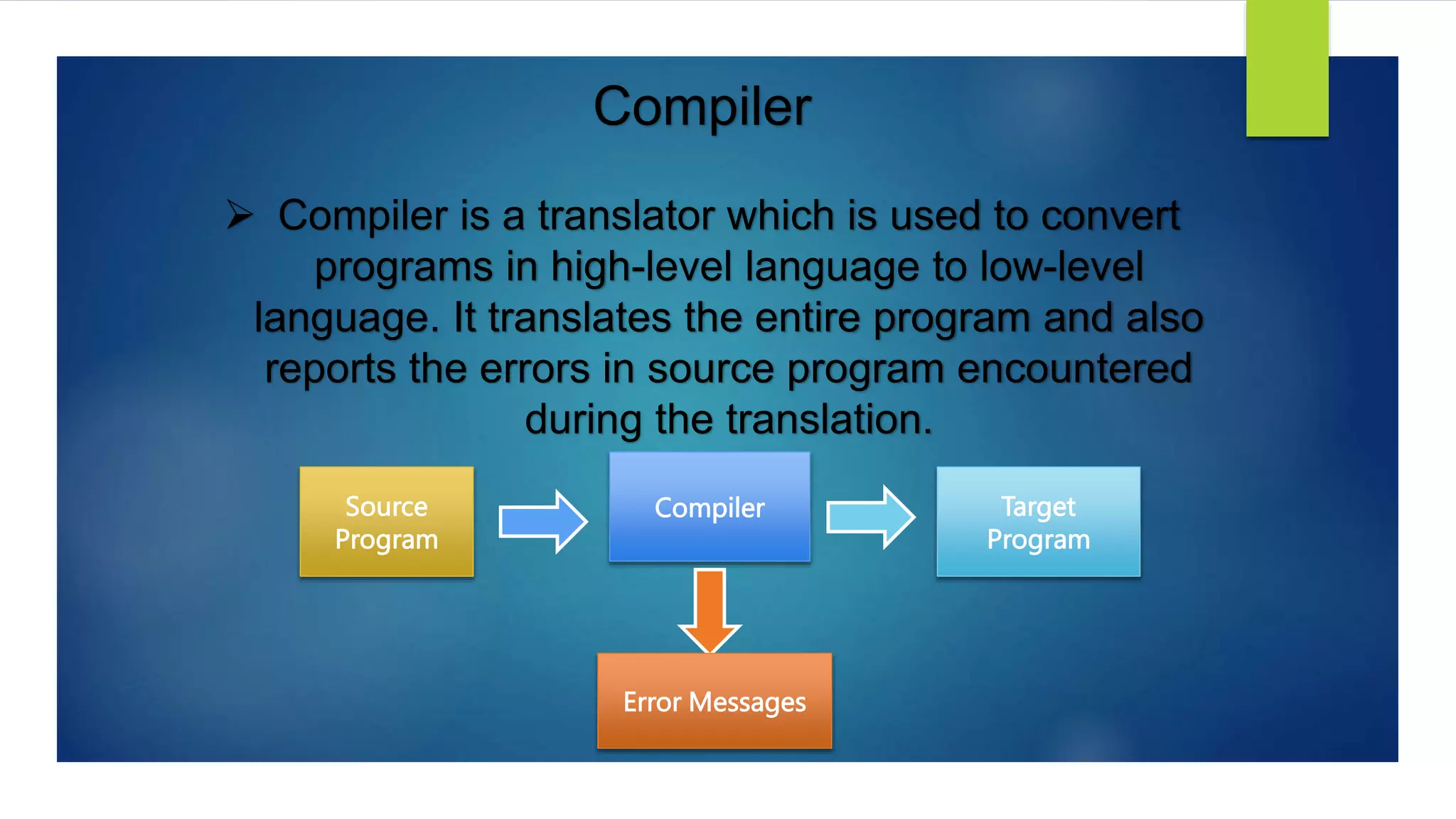 Compiler
 Compiler is a translator which is used to convert
programs in high-level language to low-level
language. It translates the entire program and also
reports the errors in source program encountered
during the translation.
Source
Program
Compiler Target
Program
Error Messages
 
