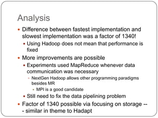 Analysis
 Difference between fastest implementation and
 slowest implementation was a factor of 1340!
   Using Hadoop do...