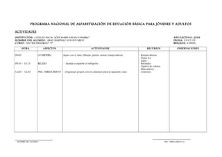 PROGRAMA NACIONAL DE ALFABETIZACIÒN DE EDUACIÒN BÁSICA PARA JÓVENES Y ADULTOS
ACTIVIDADES
INSTITUCIÒN: COLEGIO FISCAL “JÒSE MARÌA VELASCO IBARRA”
NOMBRE DEL ALUMNO: ABAD MARTILLO LUIS EDUARDO
CURSO: 2DO BACHILLERATO “F”
HORA

ASPECTOS

AÑO LECTIVO: 2009
FECHA: 25/07/09
BRIGADA : 4 NIVEL
ACTIVIDADES

08:00

GUARDERIA

Jugar con el niño, dibujar, pintar, armar rompecabezas

09:45 - 10:15

RECESO

- Ayudar a repartir el refrigerio

12:00 – 12:30

PSIC. TERESA BRAVO - Organizar grupos con los alumnos para la siguiente clase

NOMBRE DEL ALUMNO

RECURSOS

OBSERVACIONES

- Rompecabezas
- Hojas A4
- Lápiz
- Borrador
- Lápices de colores
- Marcadores
- Crayones

PSIC. TERESA BRAVO A.

 