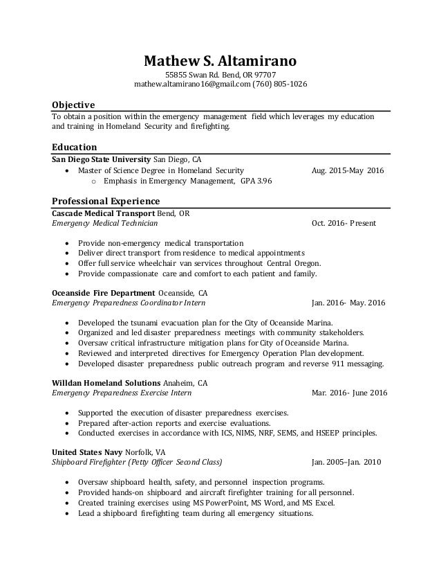 Mathew Altamirano Emergency Management Résumé