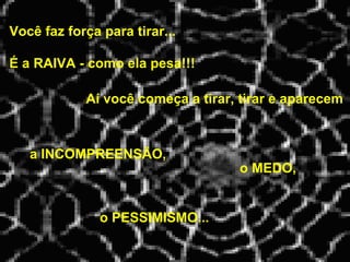 Você faz força para tirar...

É a RAIVA - como ela pesa!!!

            Aí você começa a tirar, tirar e aparecem



   a INCOMPREENSÃO,
                                   o MEDO,


               o PESSIMISMO...
 