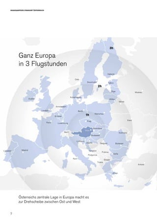 2
HEADQUARTERS STANDORT ÖSTERREICH
Berlin
Warschau
Wien
Ljubljana
Rom
Paris
Oslo
Stockholm
Ankara
Kiew
Kishinew
Riga Moskau
Prag
London
Dublin
Kopenhagen
Brüssel
Luxemburg
Budapest
Zagreb
Tallinn
Amsterdam
Lissabon Madrid
Athen
Bern
Bukarest
Bratislava
Minsk
Wilna
Helsinki
1h
2h
3h
Sarajevo
Sofia
Tirana
Skopje
Belgrad
Pristina
Podgorica
Ganz Europa
in 3 Flugstunden
Österreichs zentrale Lage in Europa macht es
zur Drehscheibe zwischen Ost und West
 