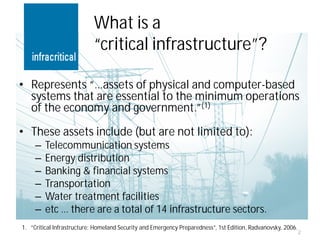 What is a
                           “critical infrastructure”?

• Represents “…assets of physical and computer-based
  systems that are essential to the minimum operations
  of the economy and government.”(1)

• These assets include (but are not limited to):
     –   Telecommunication systems
     –   Energy distribution
     –   Banking & financial systems
     –   Transportation
     –   Water treatment facilities
     –   etc … there are a total of 14 infrastructure sectors.
1. ”Critical Infrastructure: Homeland Security and Emergency Preparedness”, 1st Edition, Radvanovsky, 2006.
                                                                                                              2
 