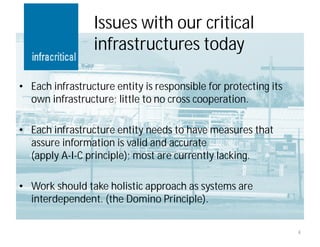 Issues with our critical
                 infrastructures today

• Each infrastructure entity is responsible for protecting its
  own infrastructure; little to no cross cooperation.

• Each infrastructure entity needs to have measures that
  assure information is valid and accurate
  (apply A-I-C principle); most are currently lacking.

• Work should take holistic approach as systems are
  interdependent. (the Domino Principle).

                                                                 4
 