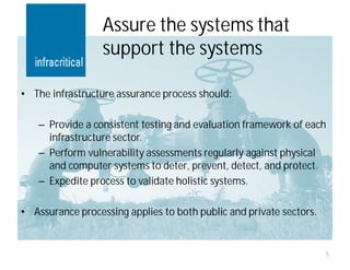 Assure the systems that
                  support the systems

• The infrastructure assurance process should:

   – Provide a consistent testing and evaluation framework of each
     infrastructure sector.
   – Perform vulnerability assessments regularly against physical
     and computer systems to deter, prevent, detect, and protect.
   – Expedite process to validate holistic systems.

• Assurance processing applies to both public and private sectors.


                                                                     5
 
