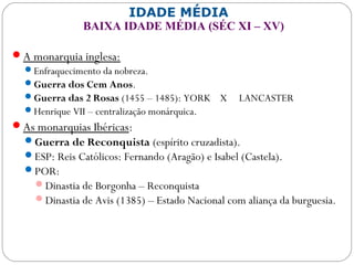 IDADE MÉDIA
BAIXA IDADE MÉDIA (SÉC XI – XV)
A monarquia inglesa:
Enfraquecimento da nobreza.
Guerra dos Cem Anos.
Guerra das 2 Rosas (1455 – 1485): YORK X LANCASTER
Henrique VII – centralização monárquica.
As monarquias Ibéricas:
Guerra de Reconquista (espírito cruzadista).
ESP: Reis Católicos: Fernando (Aragão) e Isabel (Castela).
POR:
Dinastia de Borgonha – Reconquista
Dinastia de Avis (1385) – Estado Nacional com aliança da burguesia.
 